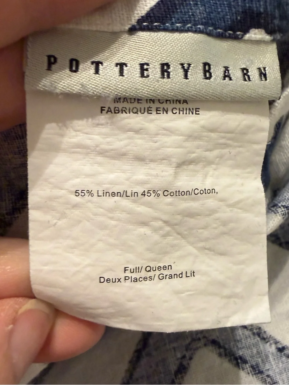 Pottery Barn Duvet Cover Linen Cotton Blend Shelby Geo White Blue Full/Queen